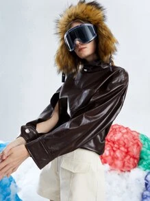 SHEIN EZwear Drop Shoulder PU Leather Blouse - Chocolate Brown - View 5