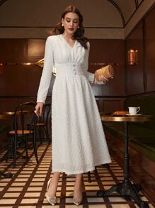 Modelyn V Neck Button Detail Fuzzy Dress - Apricot - View 1