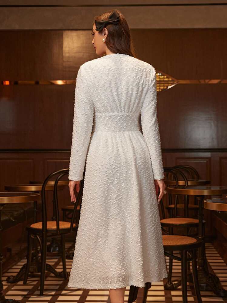 Modelyn V Neck Button Detail Fuzzy Dress - Apricot - View 2