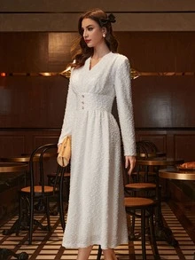 Modelyn V Neck Button Detail Fuzzy Dress - Apricot - View 3