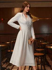 Modelyn V Neck Button Detail Fuzzy Dress - Apricot - View 5