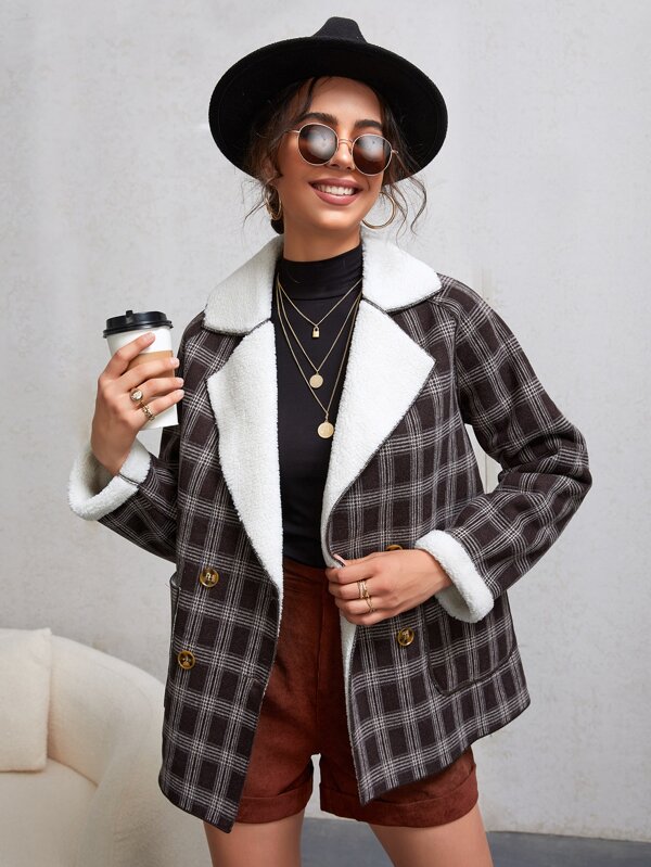 SHEIN Essnce Double Breasted Teddy Lined Plaid Overcoat