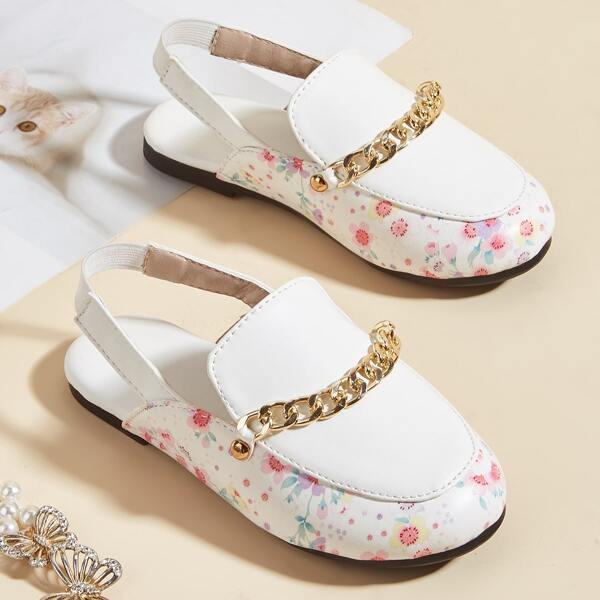 

Girls Floral Chain Decor Slingback Flats, White