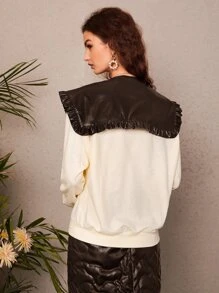 SHEIN MOD Two Tone Peter Pan Collar Tie Front Pullover - Beige - View 2