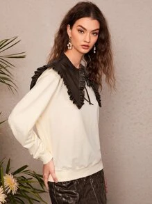 SHEIN MOD Two Tone Peter Pan Collar Tie Front Pullover - Beige - View 5