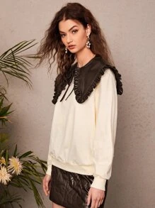 SHEIN MOD Two Tone Peter Pan Collar Tie Front Pullover - Beige - View 4