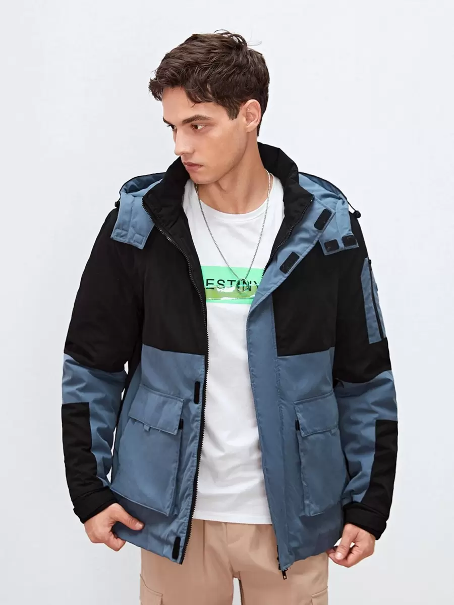 Manfinity Men Colourblock Letter Patched Flap Pocket Drawstring Hooded Winter Coat - Multicolor - View 1