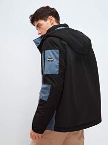 Manfinity Men Colourblock Letter Patched Flap Pocket Drawstring Hooded Winter Coat - Multicolor - View 2