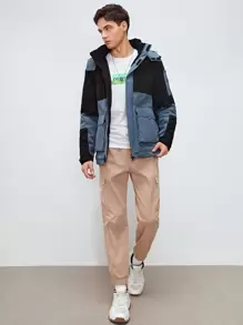 Manfinity Men Colourblock Letter Patched Flap Pocket Drawstring Hooded Winter Coat - Multicolor - View 3