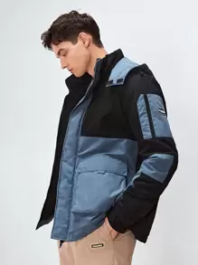 Manfinity Men Colourblock Letter Patched Flap Pocket Drawstring Hooded Winter Coat - Multicolor - View 4