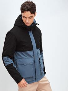 Manfinity Men Colourblock Letter Patched Flap Pocket Drawstring Hooded Winter Coat - Multicolor - View 5