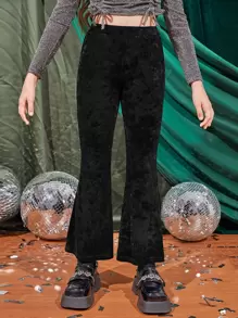 SHEIN Girls Velvet Flare Leg Trousers - Black - View 1