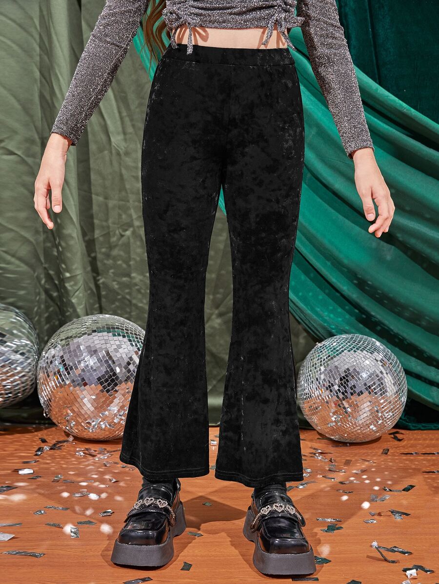 SHEIN Girls Velvet Flare Leg Trousers - Black - View 1