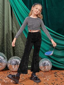 SHEIN Girls Velvet Flare Leg Trousers - Black - View 3