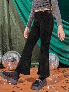 SHEIN Girls Velvet Flare Leg Trousers - Black - View 5