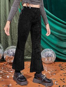 SHEIN Girls Velvet Flare Leg Trousers - Black - View 6