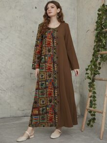 色塊拼接圖案假鈕扣直筒連衣裙