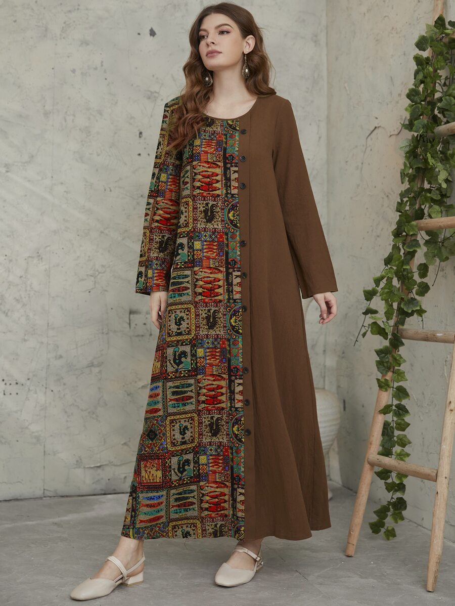 色塊拼接圖案假鈕扣直筒連衣裙