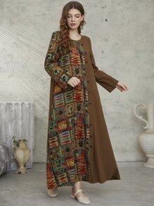 色塊拼接圖案假鈕扣直筒連衣裙