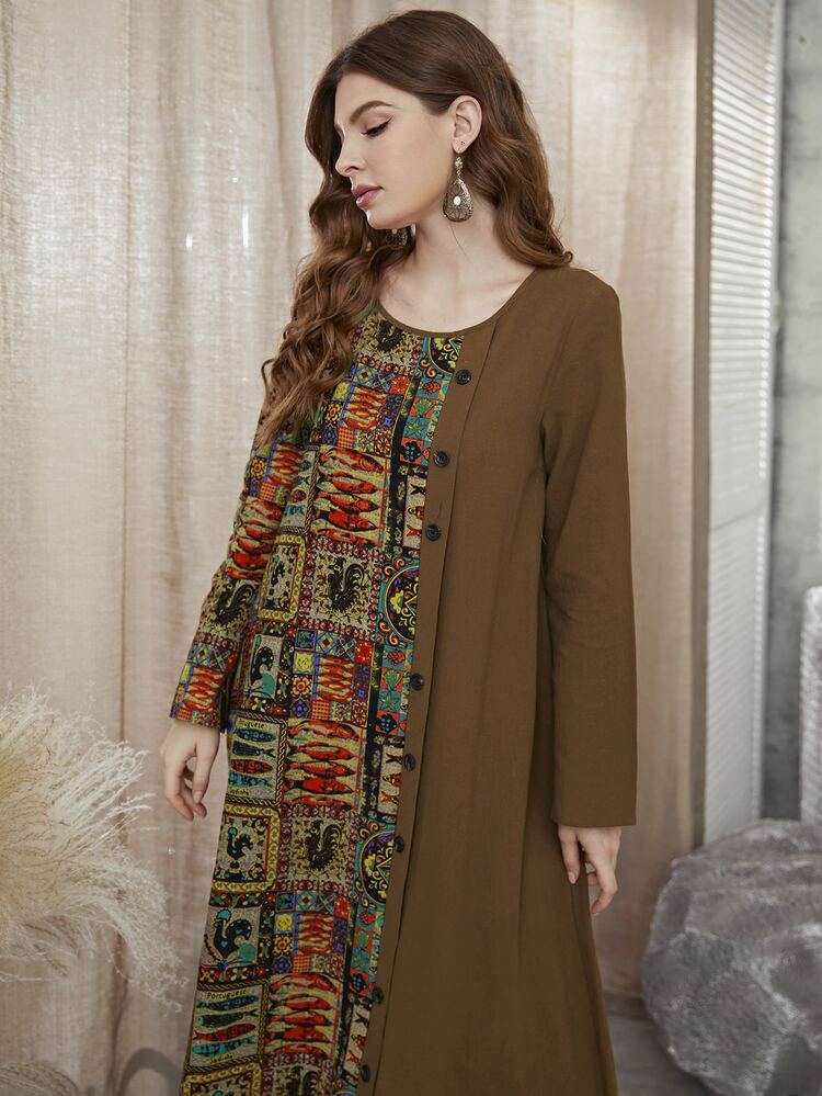 Patchwork Print Fake Button Tunic Dress