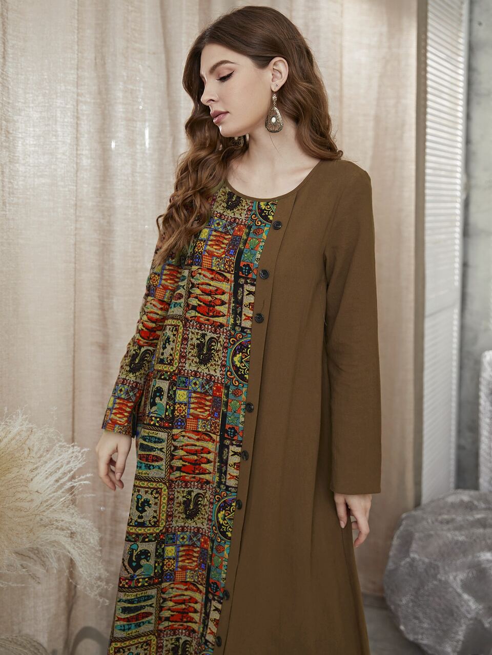 Patchwork Print Fake Button Tunic Dress