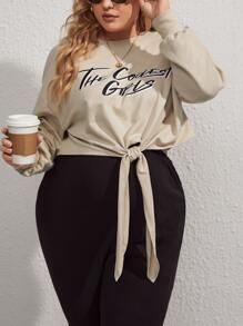 SHEIN Maternity Plus Letter Graphic Drop Shoulder Knot Hem Sweatshirt - Khaki - View 1