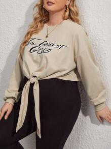 SHEIN Maternity Plus Letter Graphic Drop Shoulder Knot Hem Sweatshirt - Khaki - View 3