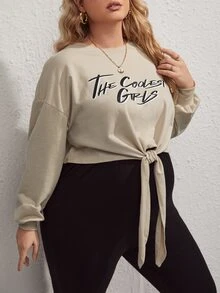 SHEIN Maternity Plus Letter Graphic Drop Shoulder Knot Hem Sweatshirt - Khaki - View 4