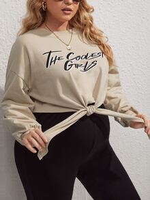 SHEIN Maternity Plus Letter Graphic Drop Shoulder Knot Hem Sweatshirt - Khaki - View 5