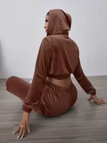 Bộ đồ hai mảnh nữ Dây kéo Túi màu trơn Giải trí - Màu nâu Sô-cô-la - Xem 1