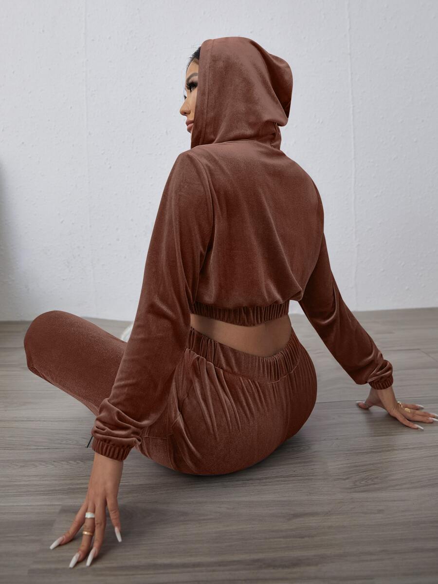 Bộ đồ hai mảnh nữ Dây kéo Túi màu trơn Giải trí - Màu nâu Sô-cô-la - Xem 1