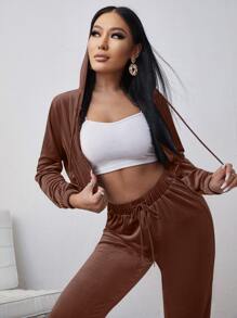 Bộ đồ hai mảnh nữ Dây kéo Túi màu trơn Giải trí - Màu nâu Sô-cô-la - Xem 2