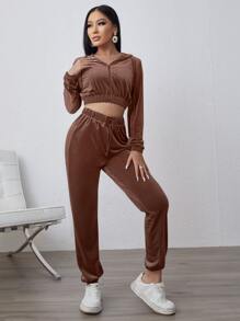Bộ đồ hai mảnh nữ Dây kéo Túi màu trơn Giải trí - Màu nâu Sô-cô-la - Xem 4