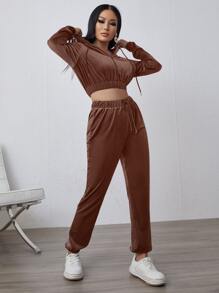 Bộ đồ hai mảnh nữ Dây kéo Túi màu trơn Giải trí - Màu nâu Sô-cô-la - Xem 5