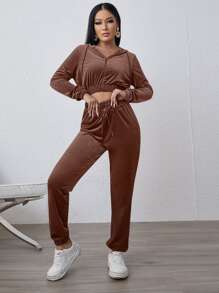 Bộ đồ hai mảnh nữ Dây kéo Túi màu trơn Giải trí - Màu nâu Sô-cô-la - Xem 6
