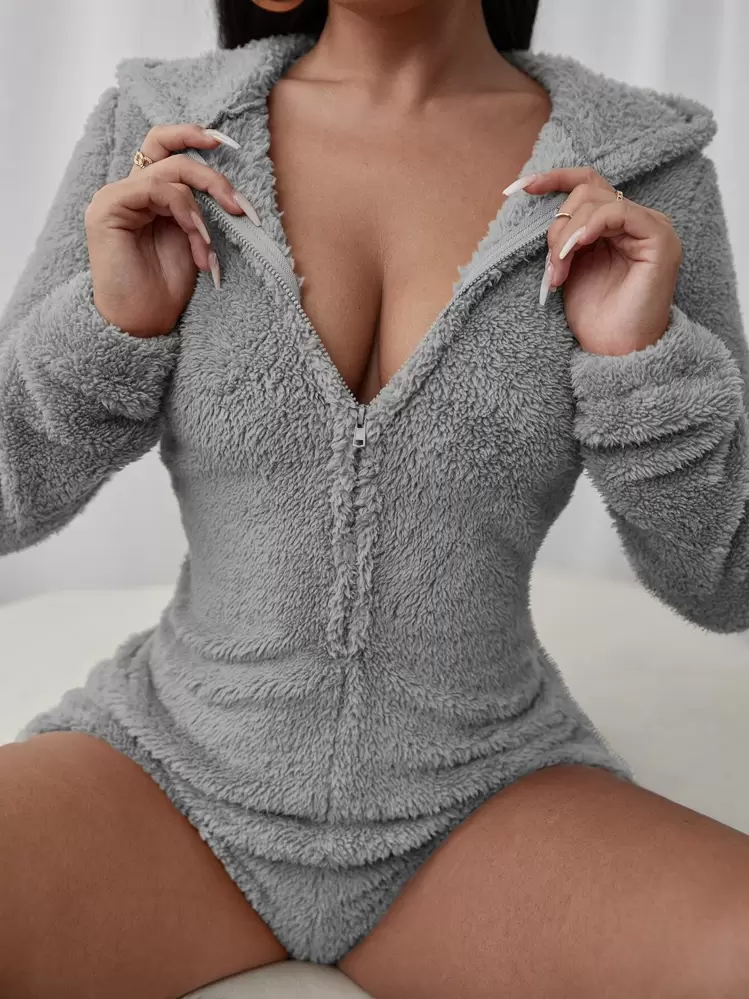 SHEIN SXY ジッパーアップ フード付き テディ ロンパース - グレー - 見る 1