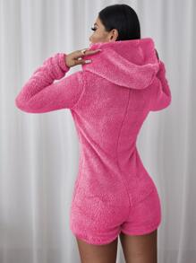 SHEIN SXY Zip Up Hooded Teddy Romper - Hot Pink - View 2