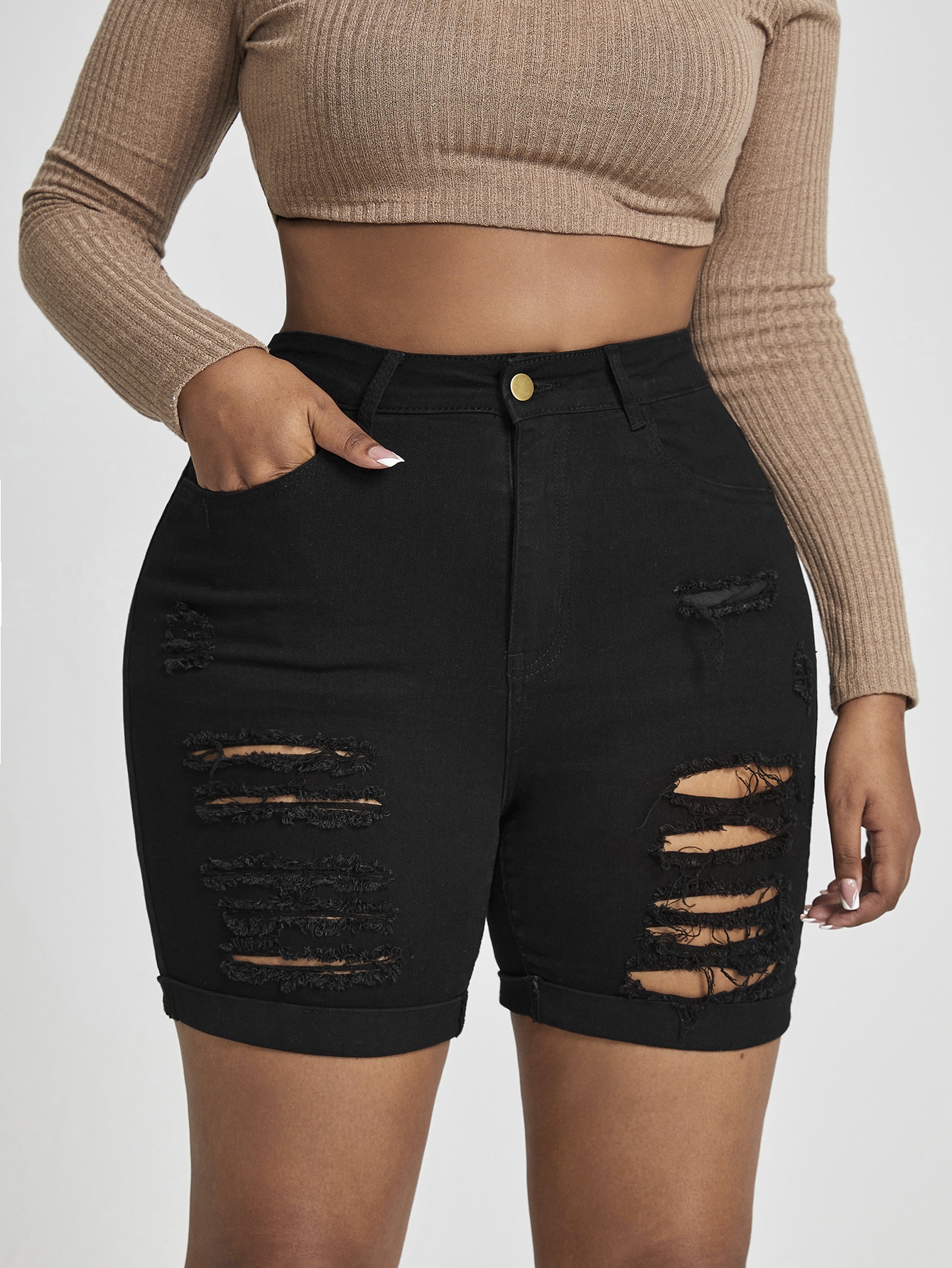 Plus Slant Pocket Ripped Skinny Denim 