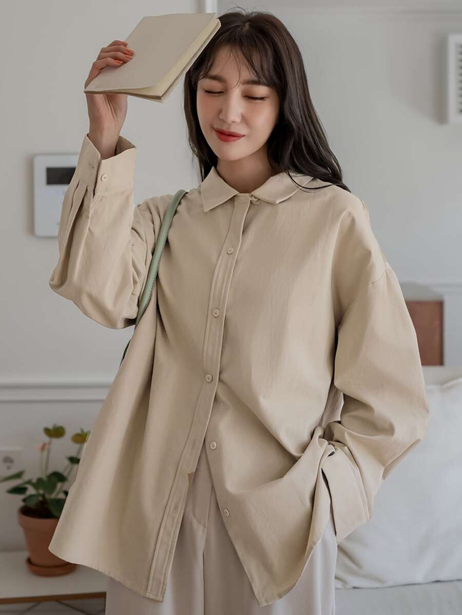 DAZY Drop Shoulder Button Up Shirt - Apricot - View 1