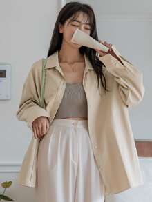 DAZY Drop Shoulder Button Up Shirt - Apricot - View 3