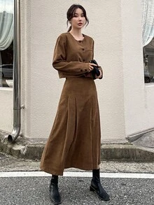 DAZY Button Front Jacket & Fold Pleated Skirt