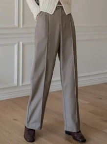 DAZY 高腰接縫細節長褲不附腰帶 - 卡其色 - 查看 1