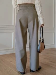 DAZY 高腰接縫細節長褲不附腰帶 - 卡其色 - 查看 2