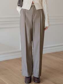 DAZY 高腰接縫細節長褲不附腰帶 - 卡其色 - 查看 3