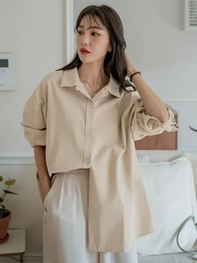DAZY Drop Shoulder Button Up Shirt - Apricot - View 7