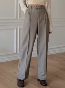 DAZY 高腰接縫細節長褲不附腰帶 - 卡其色 - 查看 5