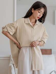 DAZY Drop Shoulder Button Up Shirt - Apricot - View 8