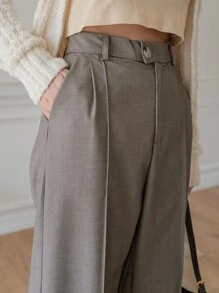 DAZY 高腰接縫細節長褲不附腰帶 - 卡其色 - 查看 6