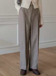 DAZY 高腰接縫細節長褲不附腰帶 - 卡其色 - 查看 7