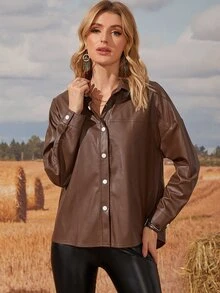 Áo khoác nữ Nút phía trước màu trơn Giải trí - Cà phê nâu - Xem 3